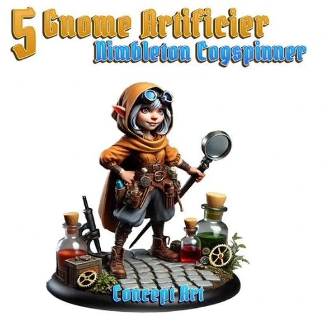 Nimbleton Cogspinner, Gnome Artificer | Dungeons and Damsels | Cosmondo | 28mm, 32mm, 75mm | Dungeons & Dragons | TTRPG | RPG | Resin