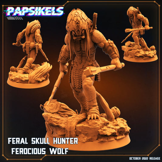 Ferocious Wolf Skull Hunter Miniature - 32mm Resin Tabletop RPG Figure by Papsikels