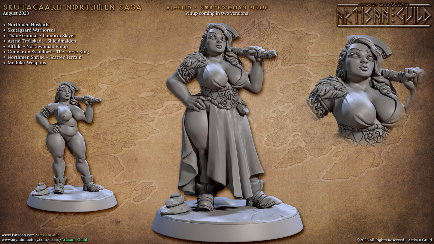 Alfhild Northwoman Pinup Miniature - 32mm Skutagaard Saga Figure for D&D, Pathfinder, and TTRPG Games