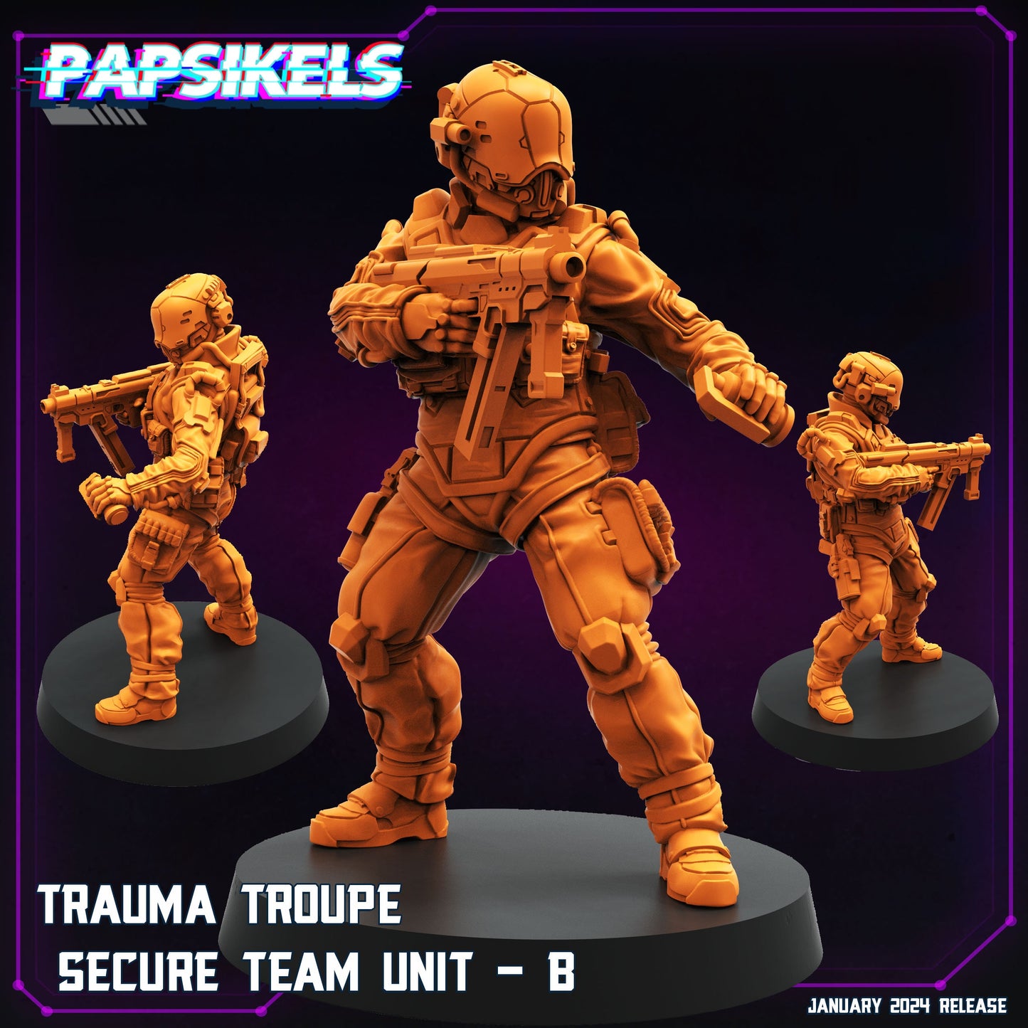 Cyberpunk Trauma Troupe Secure Team Units 32mm Miniature for RPG, Anime-Inspired Tabletop Gaming
