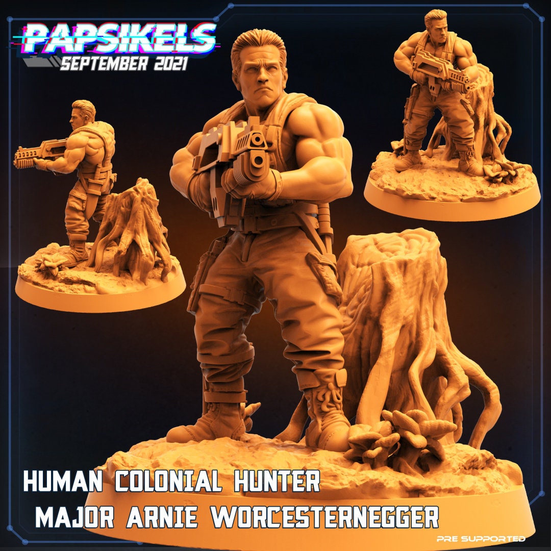 Human Colonial Anti Hunter Major Arnie Worcesternegger | Skull Hunters | PAPSIKELS | 3D Printed Miniature | 32mm Miniatures