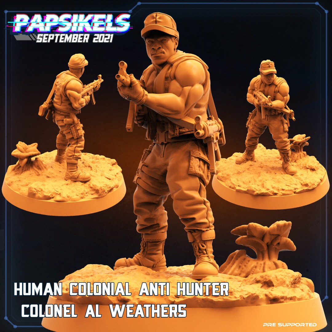 Human Colonial Anti Hunter Colonel Al Weathers | Skull Hunters | PAPSIKELS | 3D Printed Miniature | 32mm Miniatures