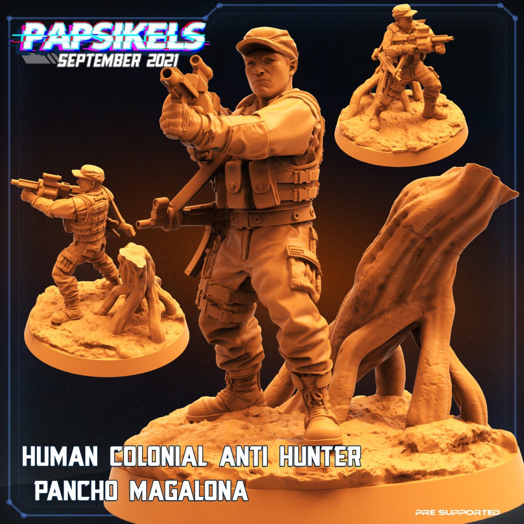 Human Colonial Anti Hunter Pacho Magalona | Skull Hunters | PAPSIKELS | 3D Printed Miniature | 32mm Miniatures