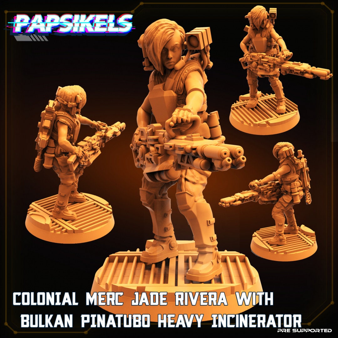 Colonial Merc Jade Rivera With Bulkan Pinatubo Heavy Incinerator | PAPSIKELS | 3D Printed Miniature | 32mm Miniatures
