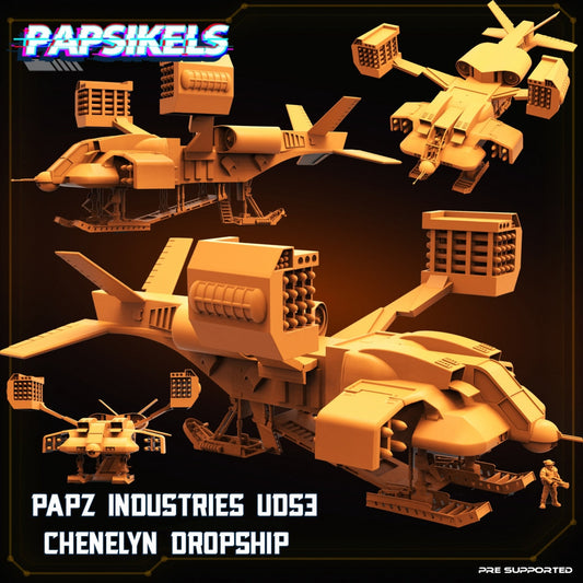 Papz Industries UDS3 Chenelyn Dropship, miniature sculpted by Papsikels. Mini wargaming/ Wargames/ TTRPG/ Cyberpunk
