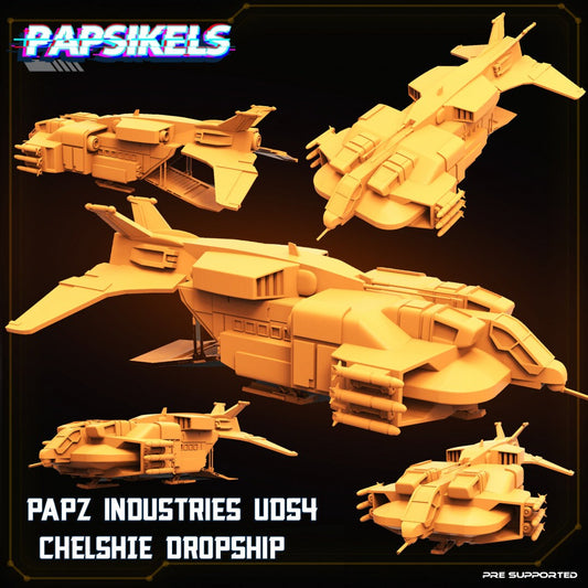 Papz Industries UDS4 Chelshie Dropship, miniature sculpted by Papsikels. Mini wargaming/ Wargames/ TTRPG/ Cyberpunk