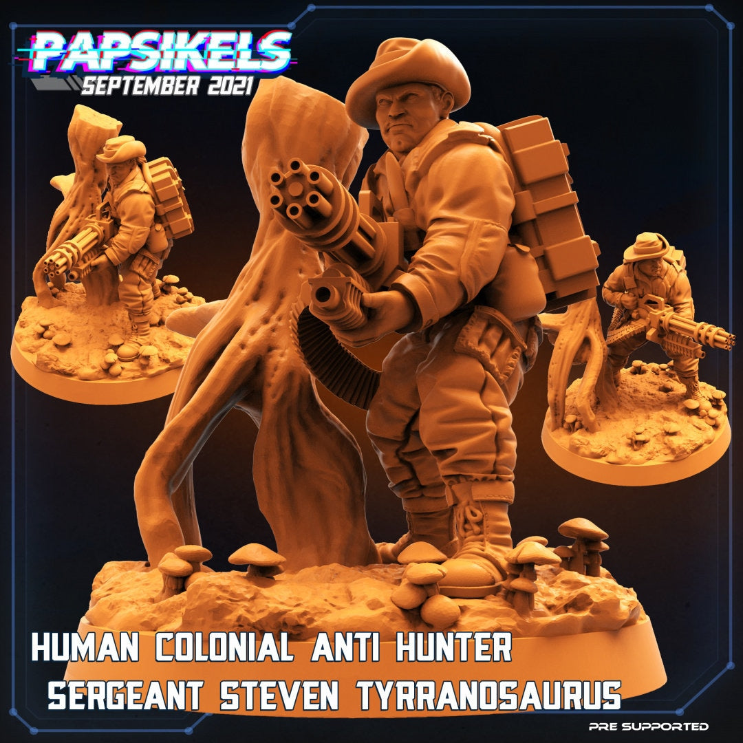 Human Colonial Anti Hunter Sergeant Steven Tyrranosaurus | Skull Hunters | PAPSIKELS | 3D Printed Miniature | 32mm Miniatures