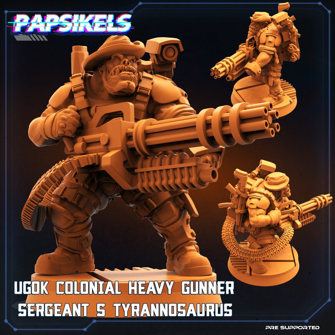Ugok Colonial Heavy Gunner Sergeant S Tyrranosaurus | Skull Hunters | PAPSIKELS | 3D Printed Miniature | 32mm Miniatures