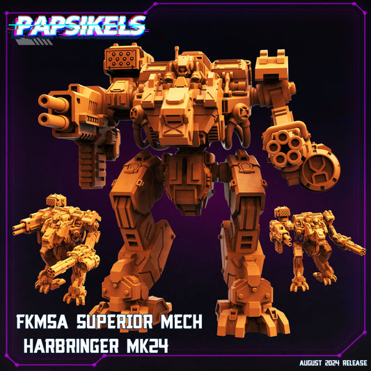 FKMSA Superior Mech Harbinger MK24, miniature sculpted by Papsikels. Mini wargaming/ Wargames/ TTRPG/ Cyberpunk