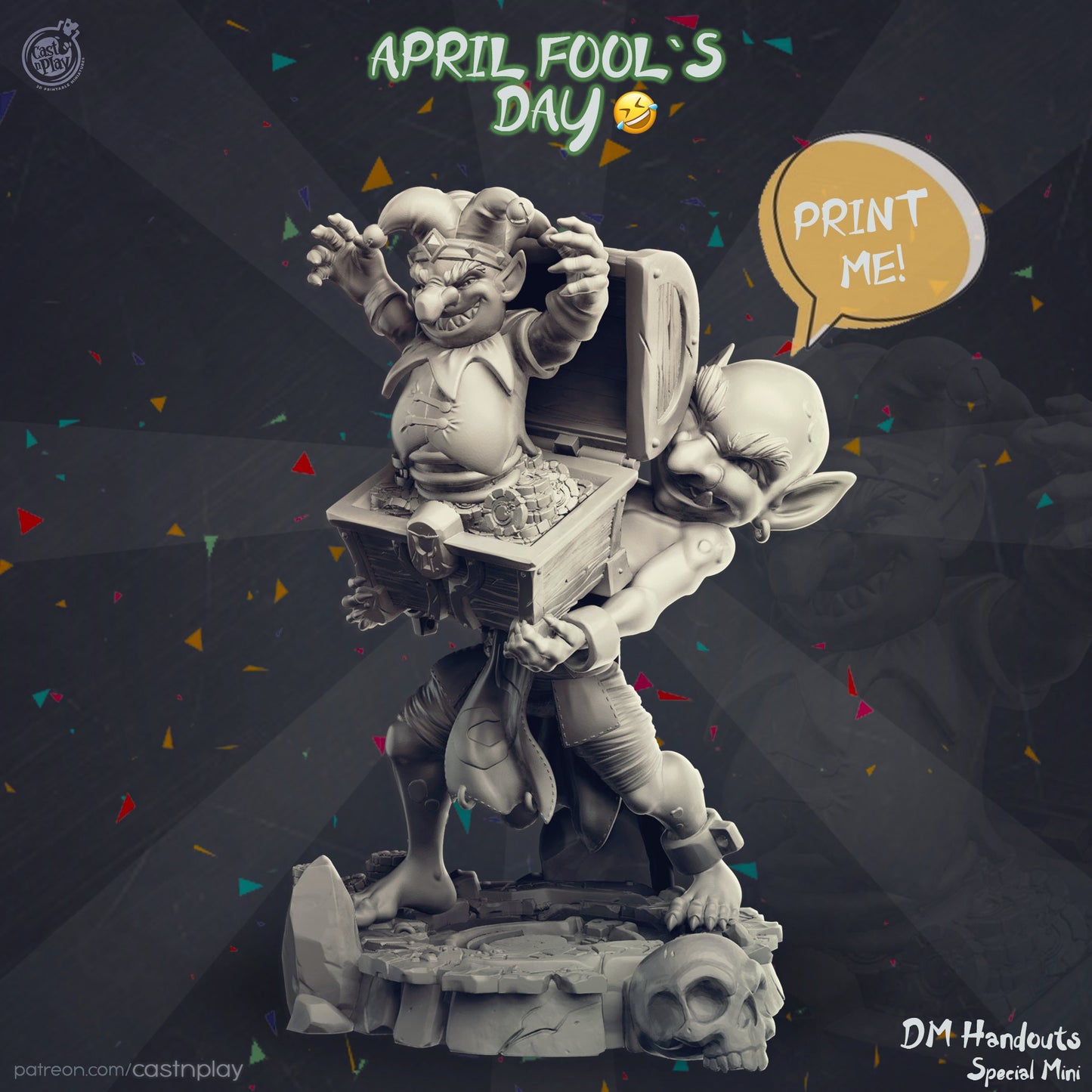 April Fools Treasure Goblin | Throwback | August 2024 | 75mm Scale | 65mm Base | CastNPlay | Dungeons and Dragons | TTRPG | Resin Miniatures