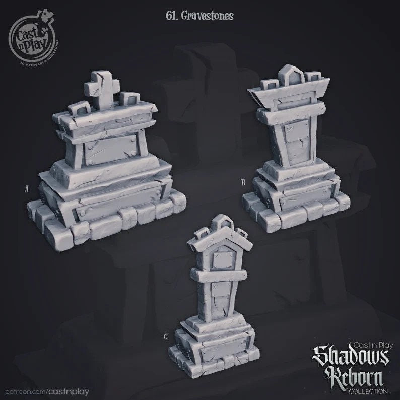 Gravestones Set of 3 | Shadows Reborn| July 2019 | 32mm Scale | CastNPlay | Dungeons and Dragons | TTRPG | Resin Miniatures