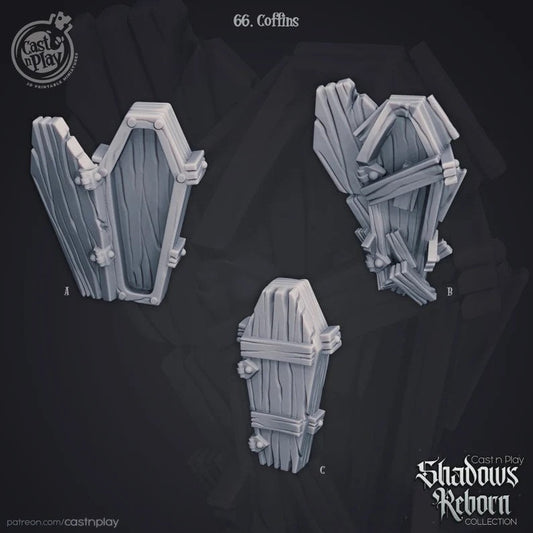 Coffins Set of 3 | Shadows Reborn| July 2019 | 32mm Scale | CastNPlay | Dungeons and Dragons | TTRPG | Resin Miniatures