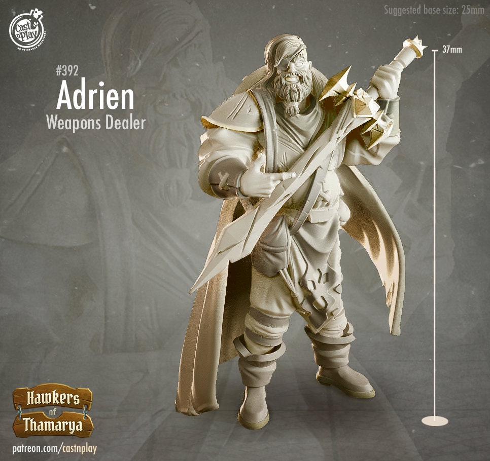 Adrien, Weapons Dealer | Throwback | August 2024 | 32mm Scale | 25mm Base | CastNPlay | Dungeons and Dragons | TTRPG | Resin Miniatures