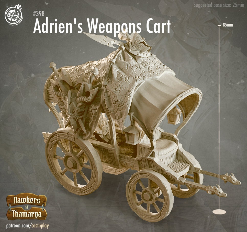 Adrien, Weapons Dealer's Weapons Cart | Throwback | August 2024 | 32mm Scale | CastNPlay | Dungeons and Dragons | TTRPG | Resin Miniatures