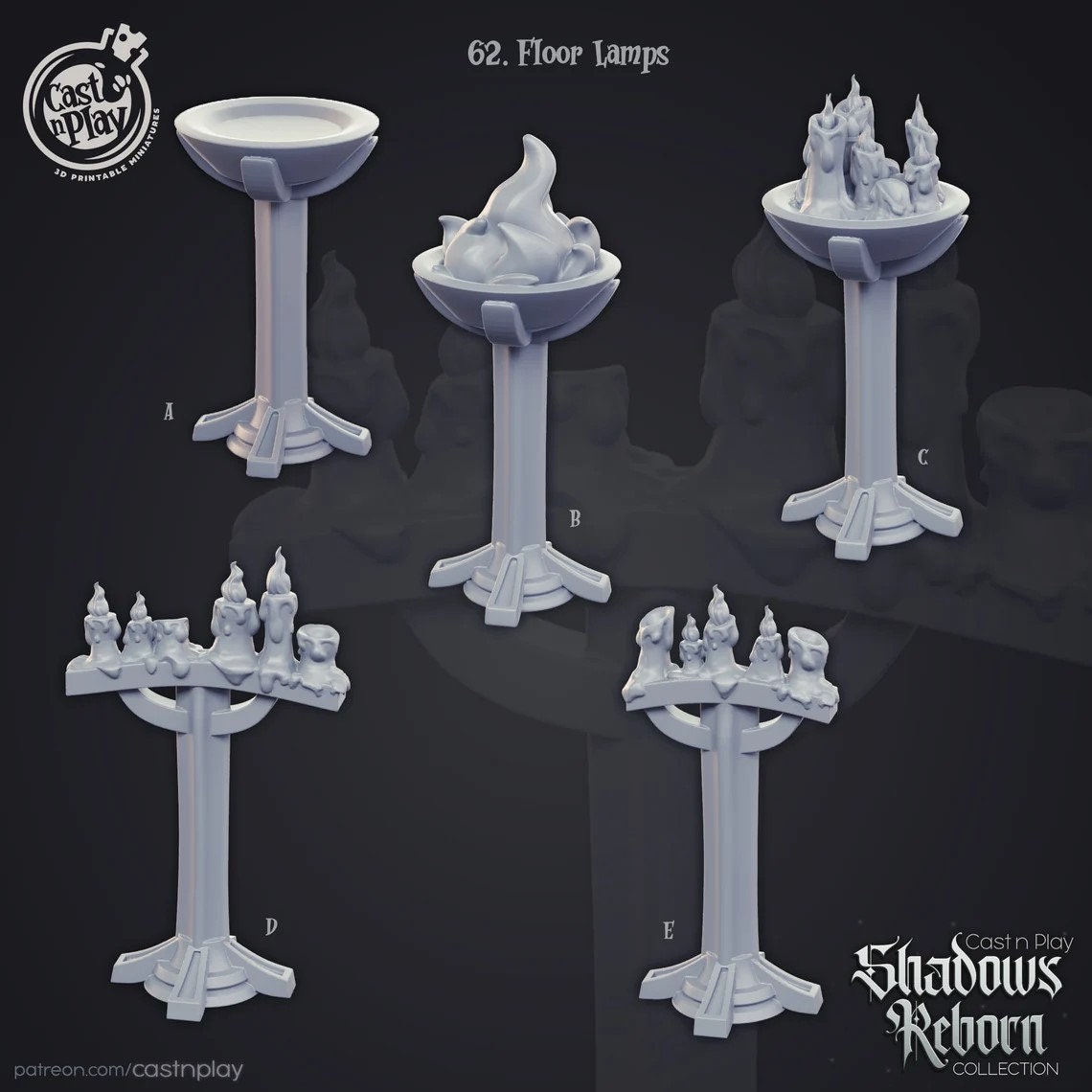 Floor Lamps Set of 5 | Shadows Reborn| July 2019 | 32mm Scale | CastNPlay | Dungeons and Dragons | TTRPG | Resin Miniatures