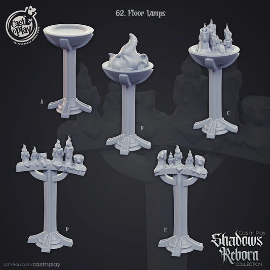 Floor Lamps Set of 5 | Shadows Reborn| July 2019 | 32mm Scale | CastNPlay | Dungeons and Dragons | TTRPG | Resin Miniatures