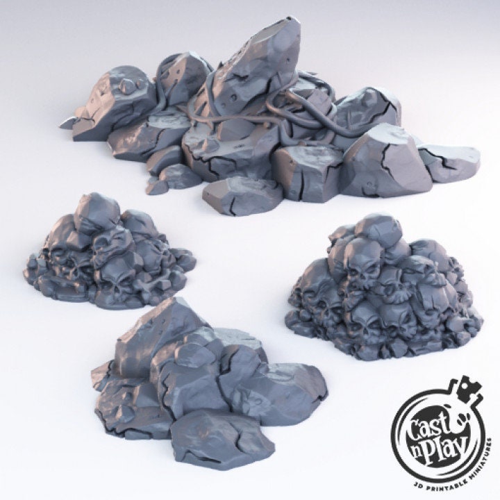 Rocks and Skulls Scatter Set of 4 | Shadows Reborn | July 2019 | 32mm Scale | CastNPlay | Dungeons and Dragons | TTRPG | Resin Miniatures