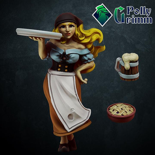Human Barmaid, tavern girl with beer and pie - Fantasy historic miniatures for tabletop games. 28mm / 32mm Resin Figures for RPG