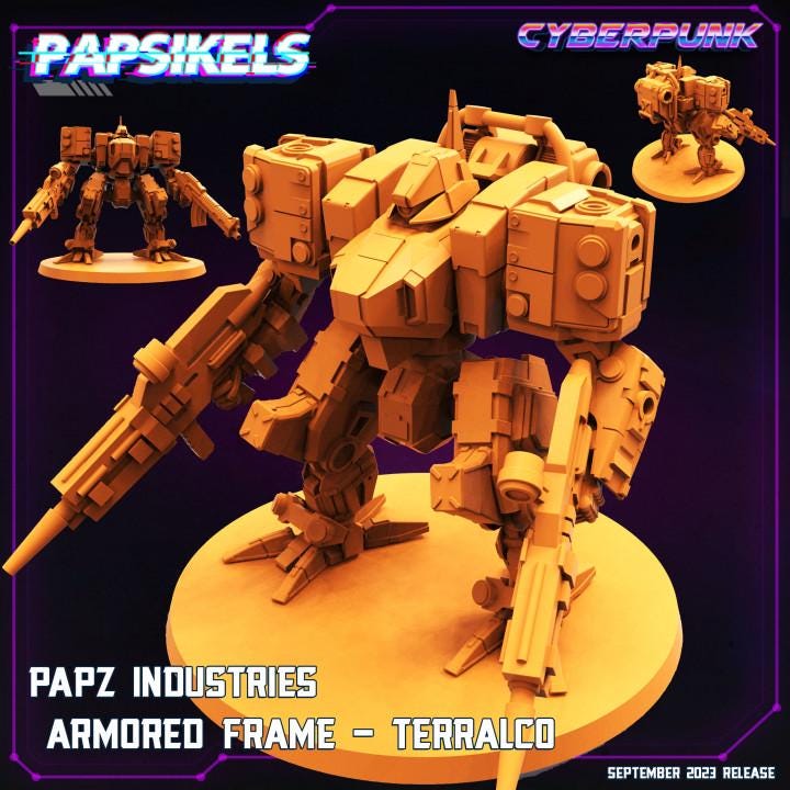 Terralco Armored Frame Miniature - Cyberpunk Wargaming Sculpture for RPG & TTRPG by Papz Industries