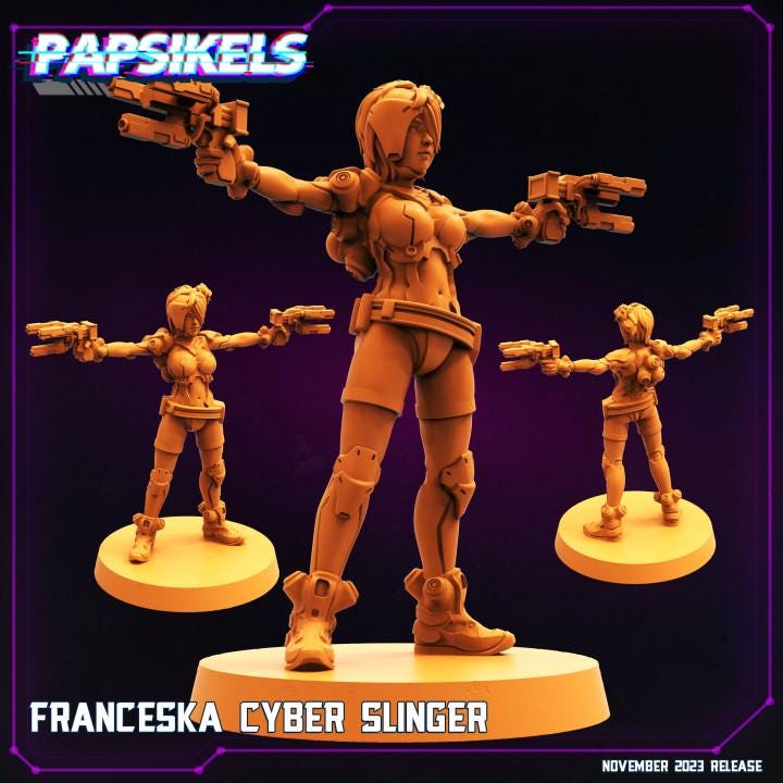Franceska Cyber Slinger: 32mm Cyberpunk Miniature for RPG, TTRPG, Judge Dredd-inspired Law Enforcer