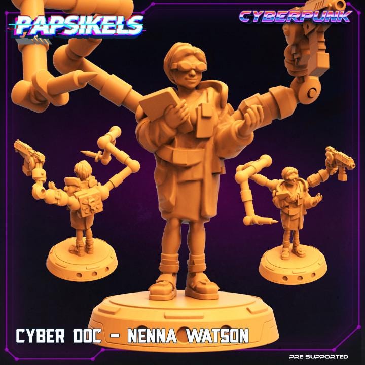 Cyberpunk Doc Nenna Watson 32mm Miniature - Anime-Inspired RPG Character for Tabletop Gaming