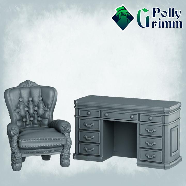Chair and table with drawers - Scatter Terrain - Fantasy historic miniatures for tabletop games. 28mm / 32mm Resin Figures for RPG