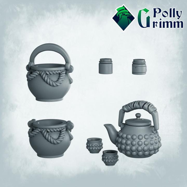 Teapot, cup, bottles, pots - Scatter Terrain - Fantasy historic miniatures for tabletop games. 28mm / 32mm Resin Figures for RPG