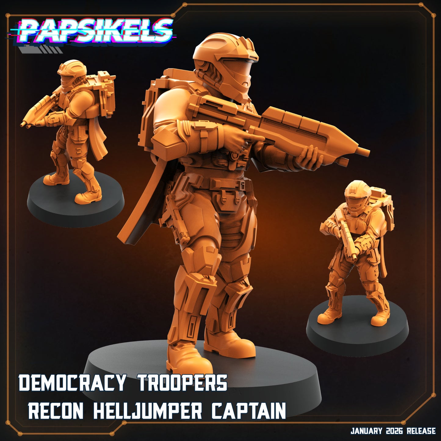 Papsikels Democracy Troopers Recon Helljumper Captain sci-fi miniature with heavy rifle and command gear