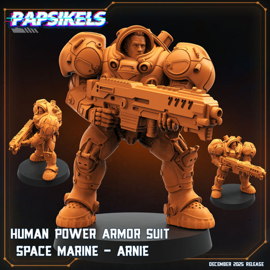 Human Power Armor Suit Space Marine Arnie - Starcraft Inspired | Papsikels | Hive Wars | 28mm or 32mm Scale | Resin Miniatures