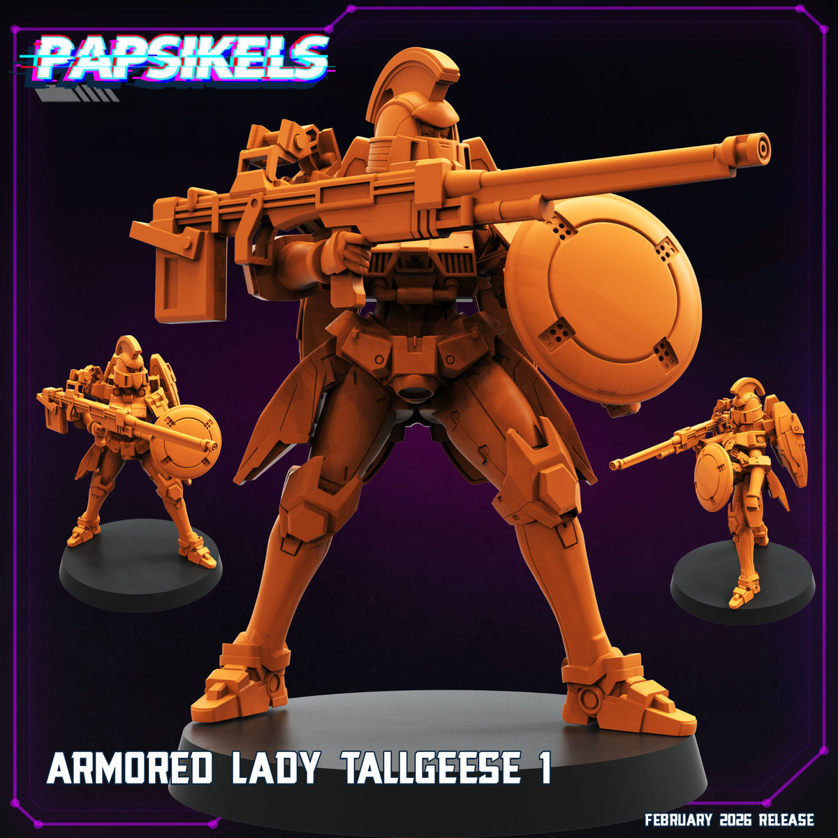 Armored Lady Tallgeese 1 Papsikels cyberpunk resin miniature with long rifle and round shield