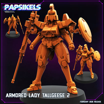 Armored Lady Tallgeese 2 Papsikels cyberpunk resin miniature with heavy rifle and round shield