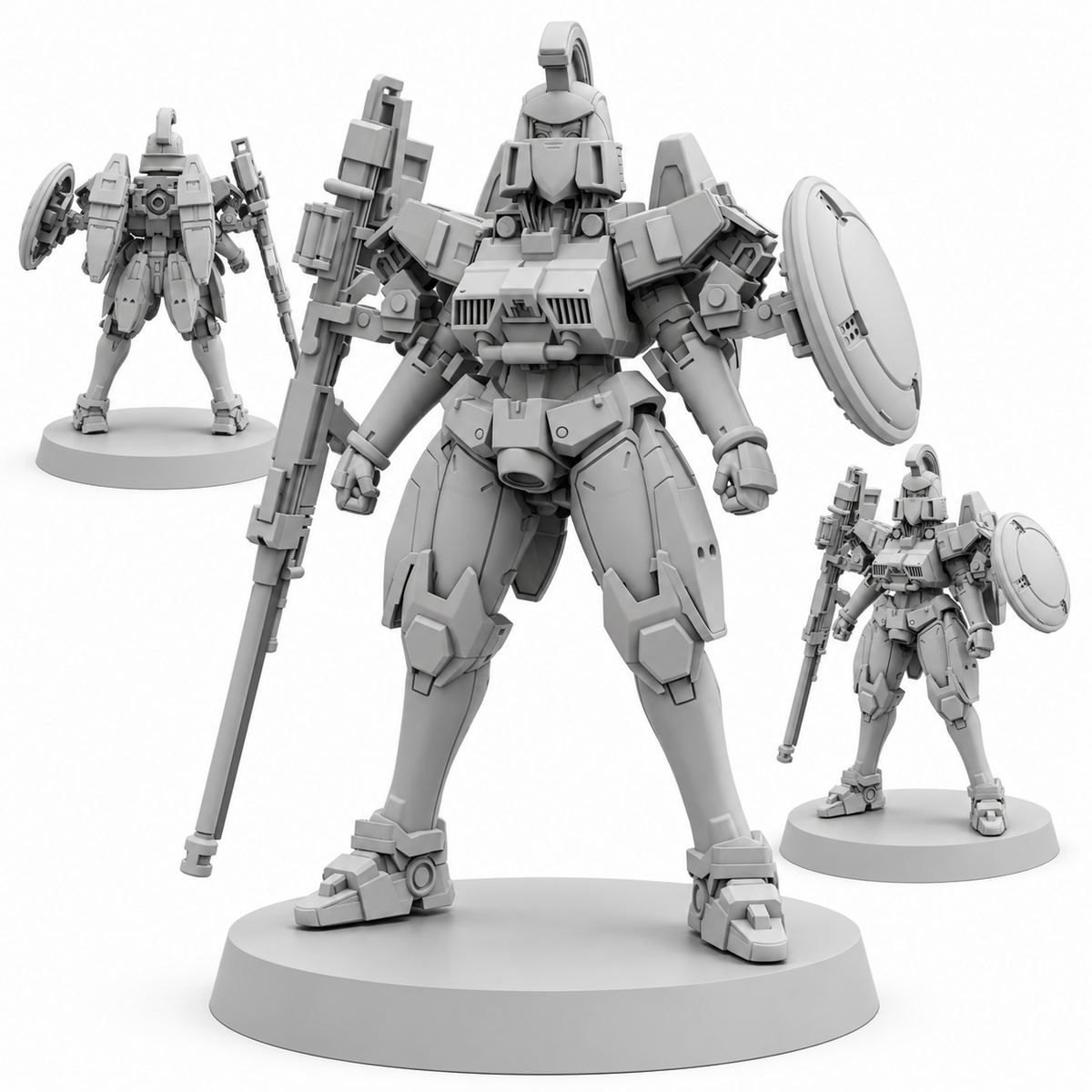 Armored Lady Tallgeese Papsikels cyberpunk resin miniature set of three on white background