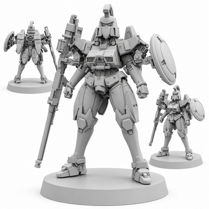 Armored Lady Tallgeese Papsikels cyberpunk resin miniature set of three on white background