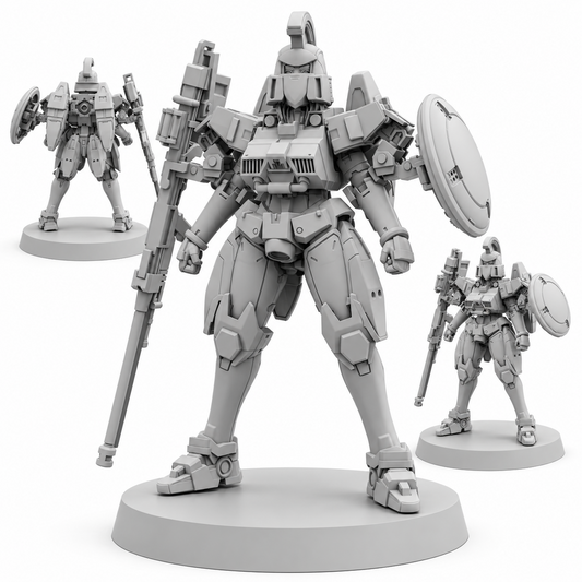 Armored Lady Tallgeese Papsikels cyberpunk resin miniature set of three on white background