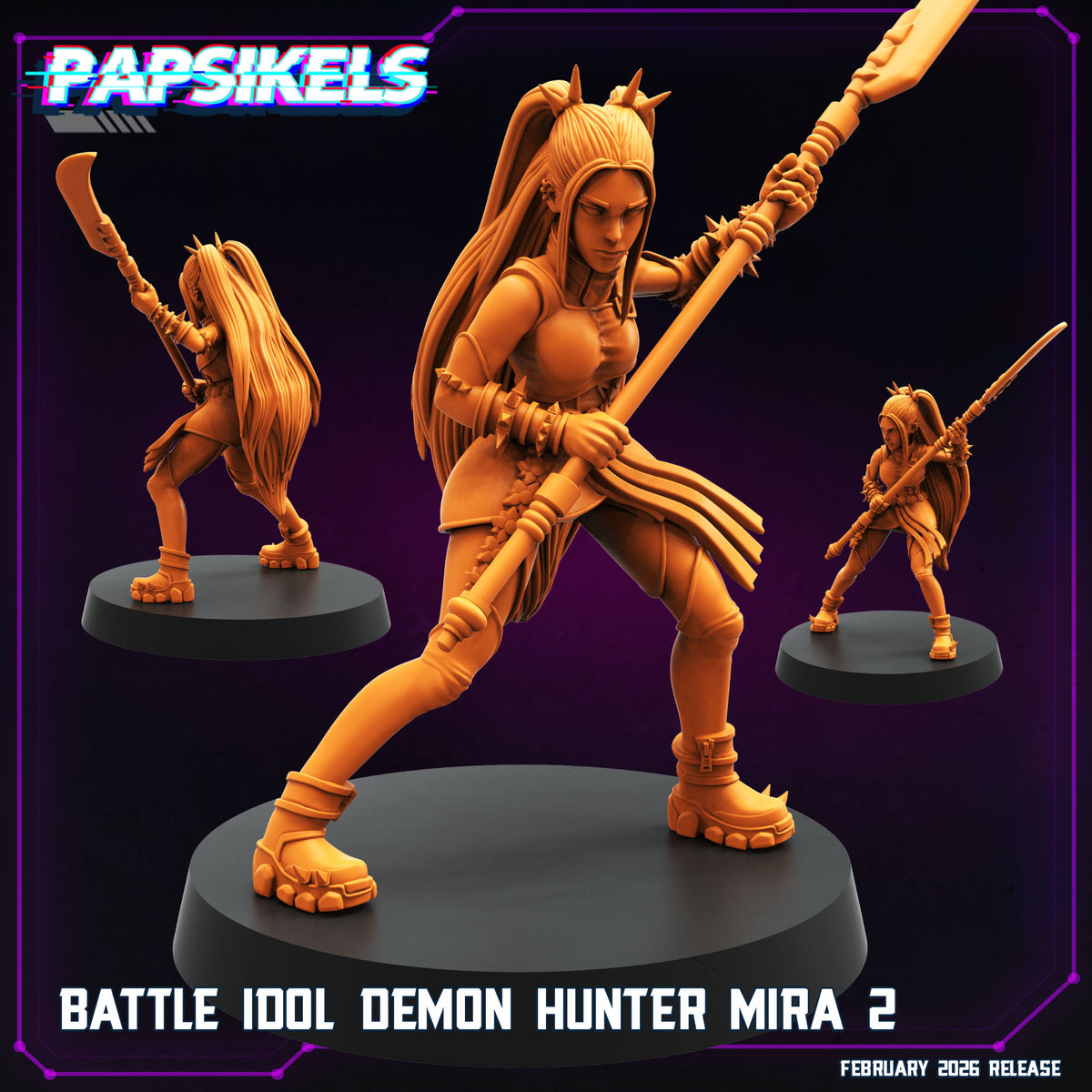 KPop Demon Hunters fanart Mira 2 Papsikels cyberpunk resin miniature in battle pose with polearm