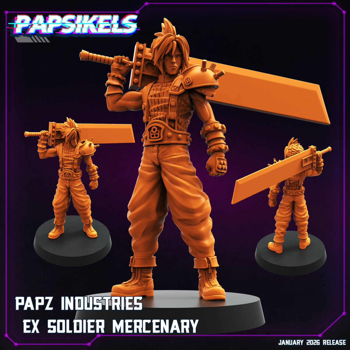 Papsikels Ex SOLDIER Mercenary miniature inspired by Cloud Strife from Final Fantasy VII with oversized Buster Sword style weapon