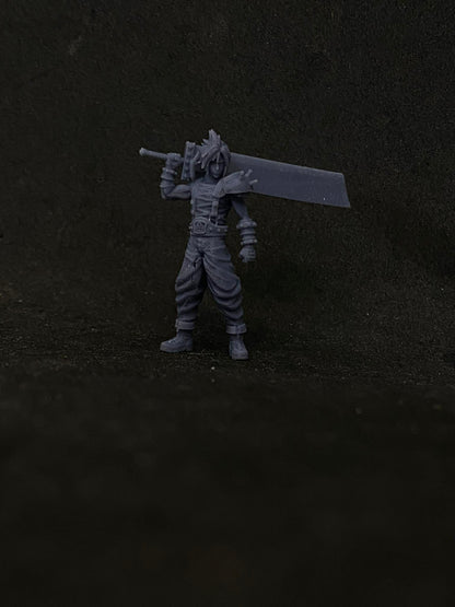 Physical resin print of Cloud Strife Final Fantasy VII inspired Ex SOLDIER Mercenary miniature with giant sword