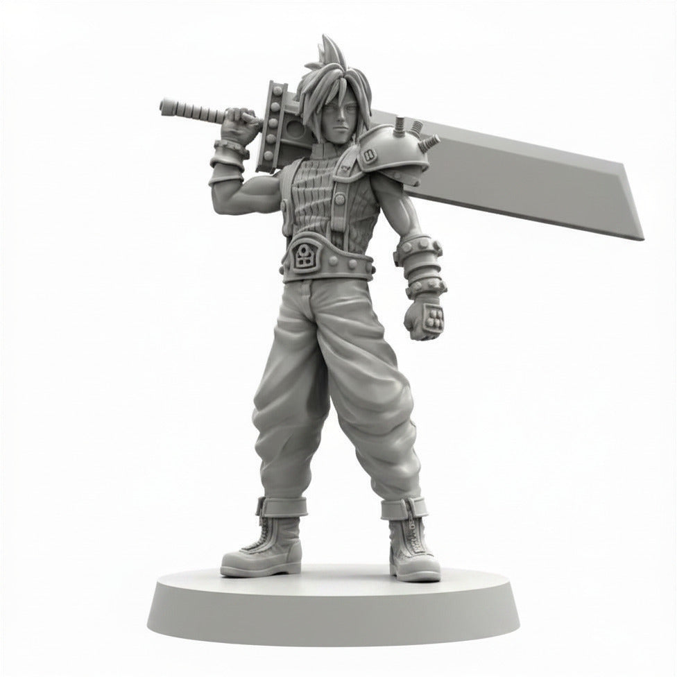 Cloud Strife Final Fantasy VII inspired Papsikels resin miniature with Buster Sword on white background
