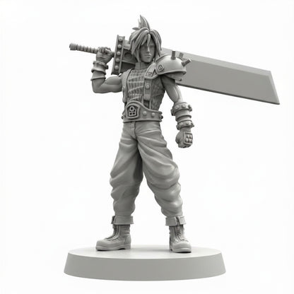 Cloud Strife Final Fantasy VII inspired Papsikels resin miniature with Buster Sword on white background