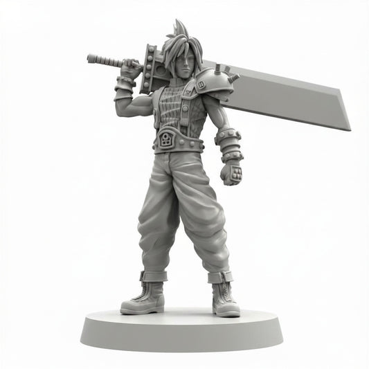 Cloud Strife Final Fantasy VII inspired Papsikels resin miniature with Buster Sword on white background