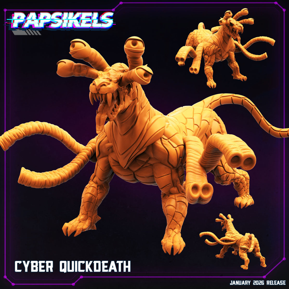 Cyber Quickdeath Papsikels promotional render showing the multi-eyed alien cybernetic creature miniature