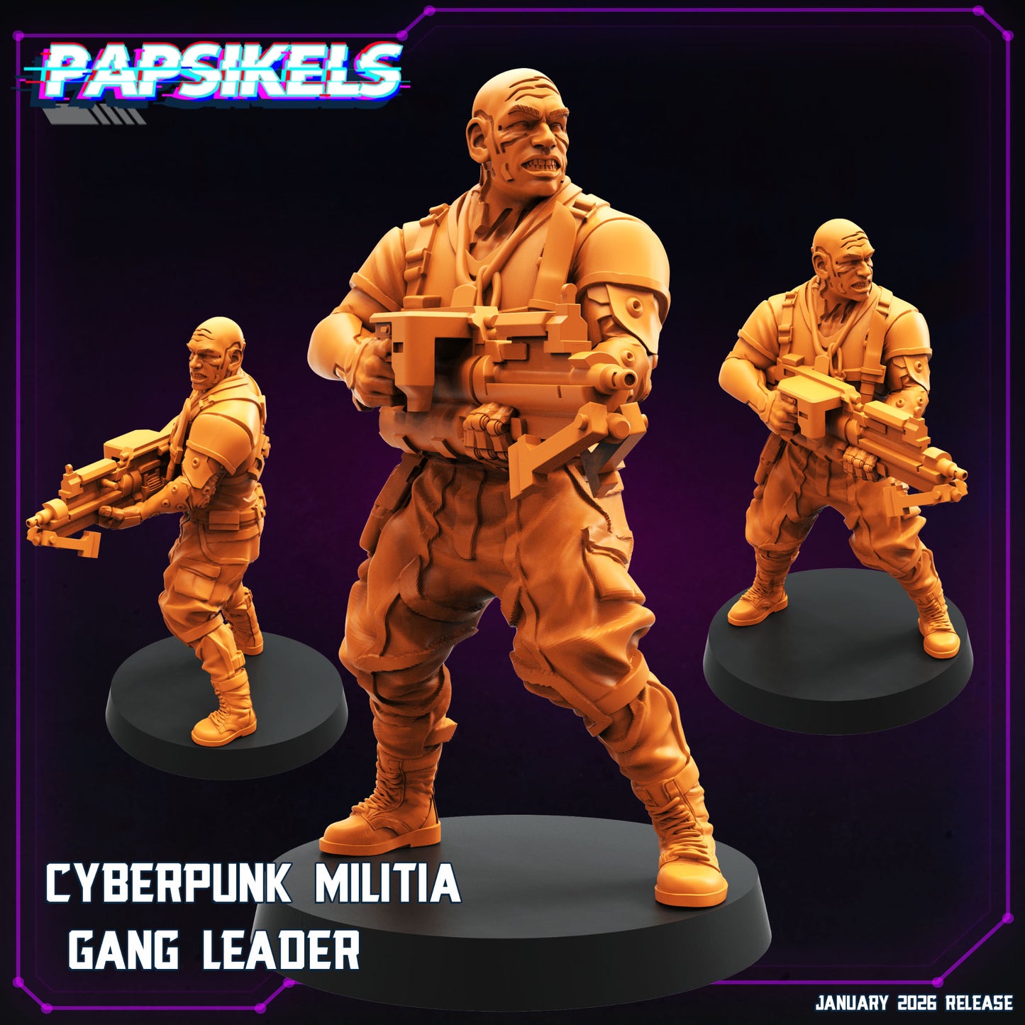 Cyberpunk Militia Gang Leader 1 Papsikels miniature armed with a heavy futuristic rifle
