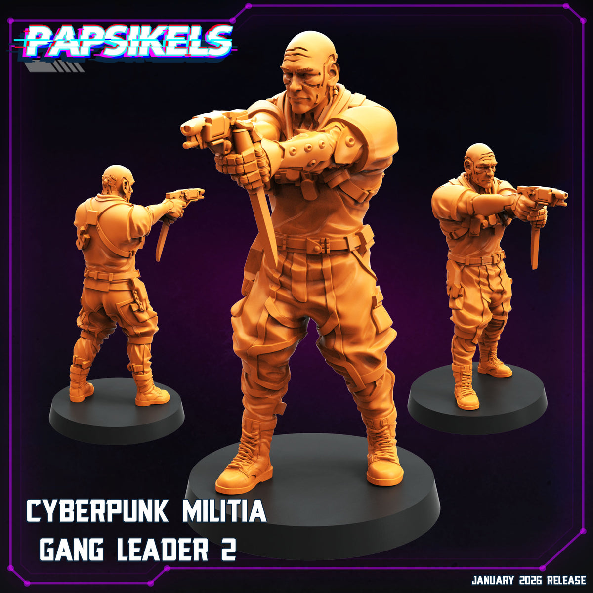 Cyberpunk Militia Gang Leader 2 Papsikels miniature aiming a futuristic pistol