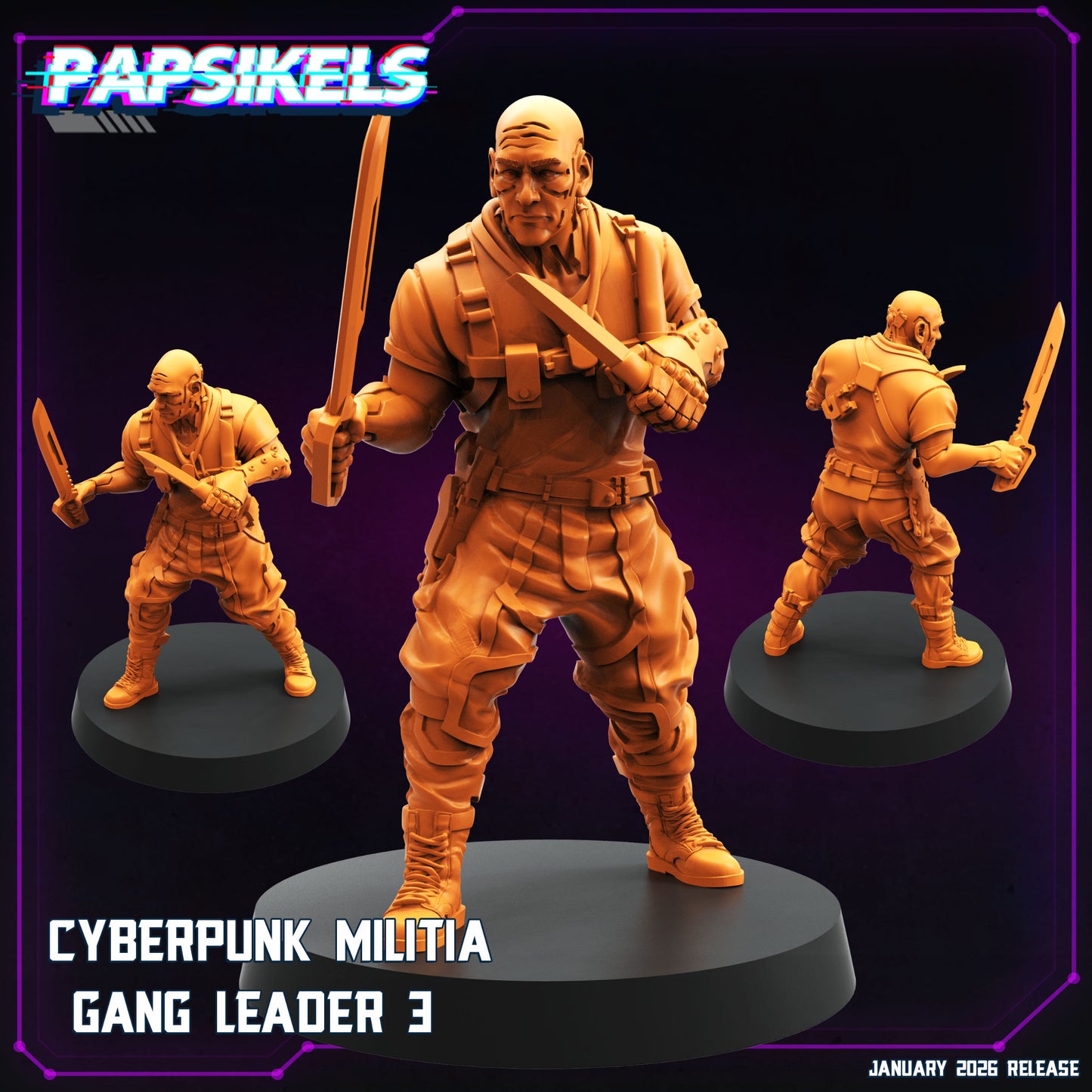 Cyberpunk Militia Gang Leader 3 Papsikels miniature wielding two cyberpunk blades