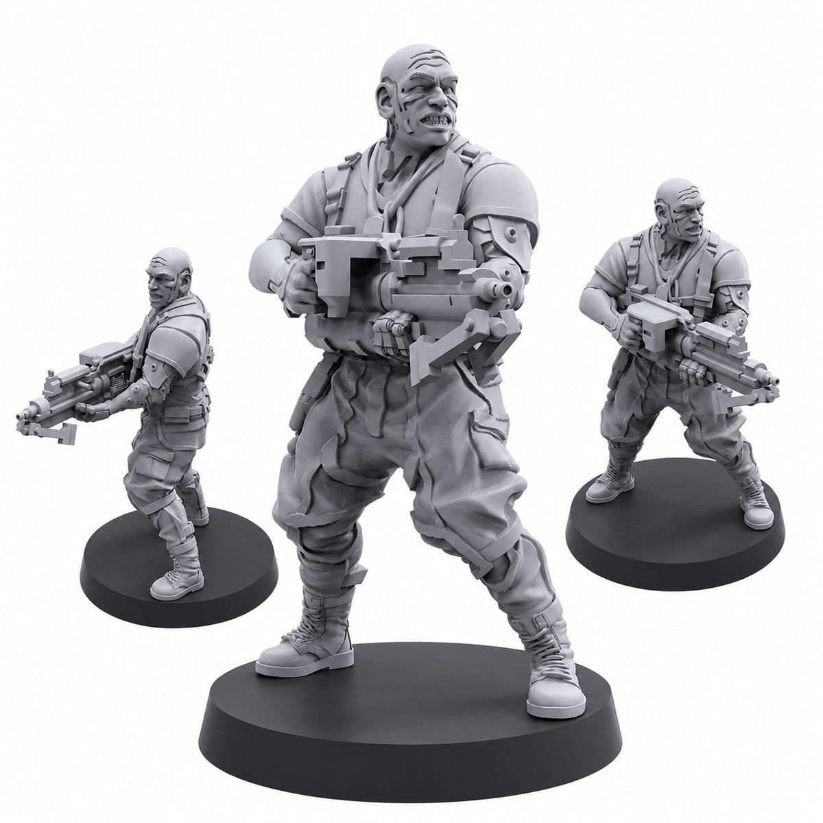 Cyberpunk Militia Gang Leader set by Papsikels showing four views of a cybernetic sci-fi gang leader miniature