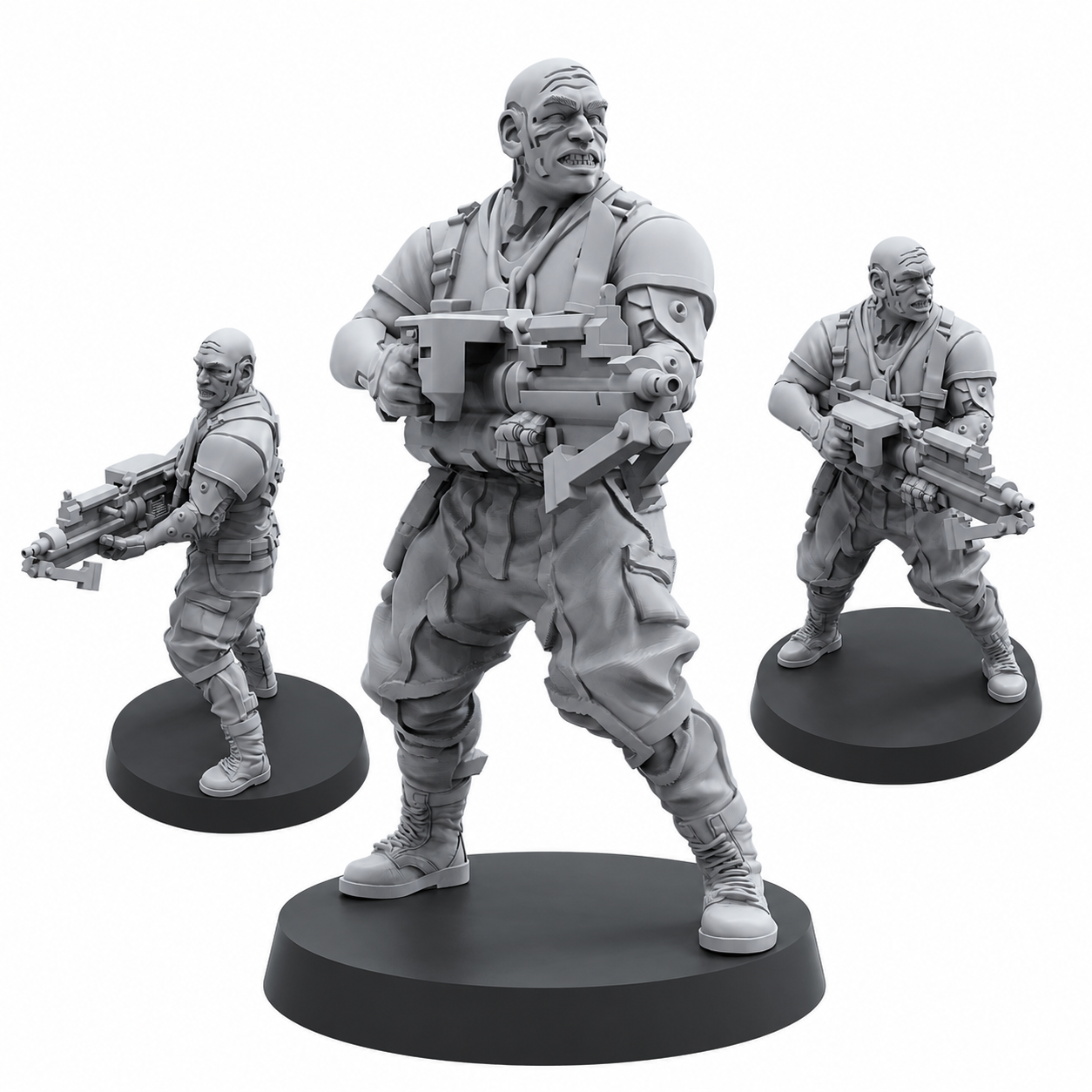 Cyberpunk Militia Gang Leader set by Papsikels showing four views of a cybernetic sci-fi gang leader miniature