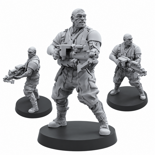 Cyberpunk Militia Gang Leader set by Papsikels showing four views of a cybernetic sci-fi gang leader miniature