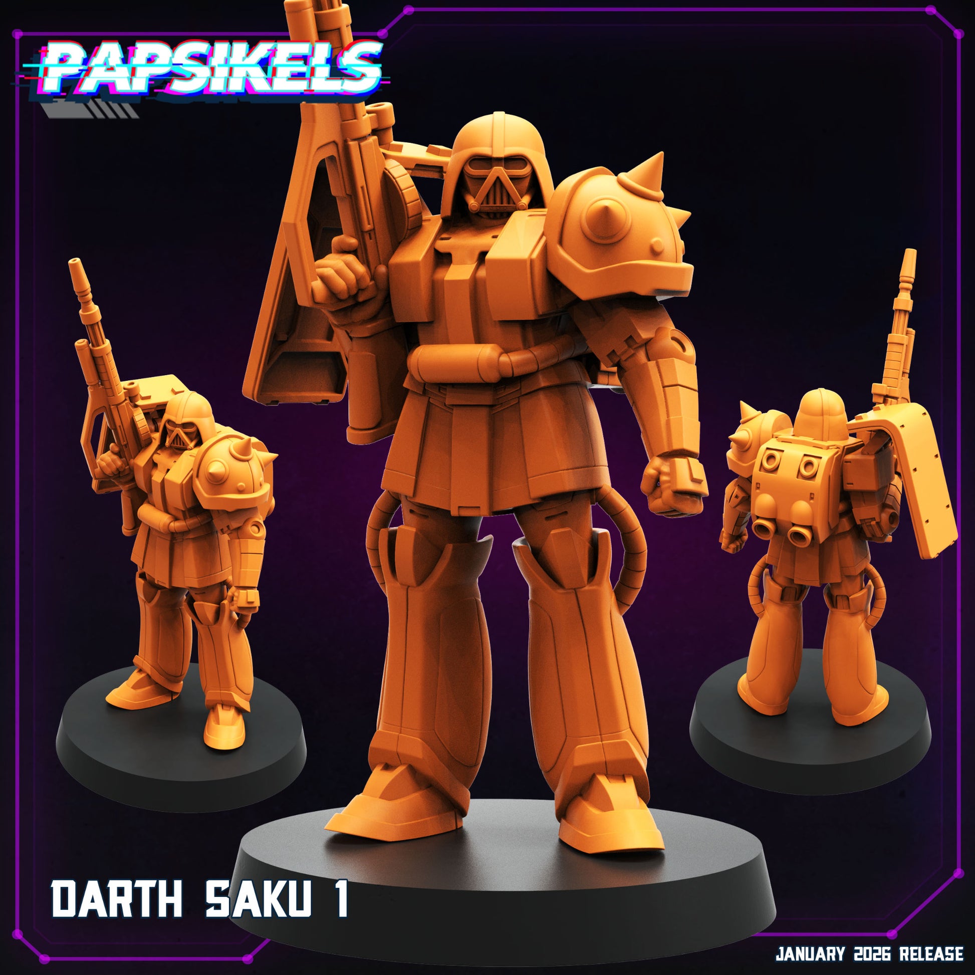 Darth Saku 1 Papsikels armoured sci fi resin miniature carrying a large futuristic rifle