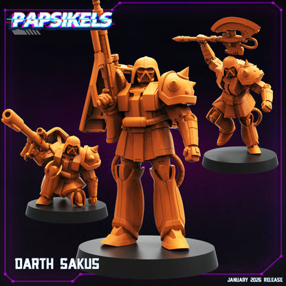 Darth Saku Papsikels set showing three armoured sci fi warrior miniatures