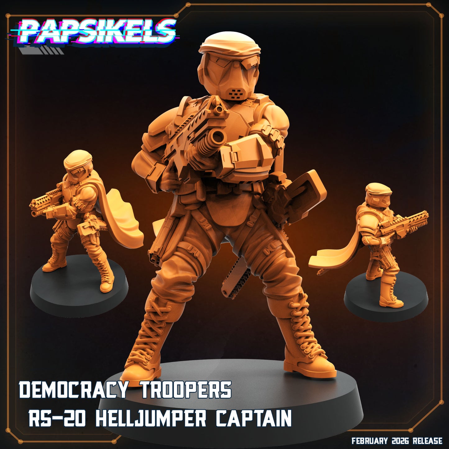 Democracy Trooper RS-20 Helljumper Captain Papsikels sci-fi resin miniature with heavy rifle and cloak